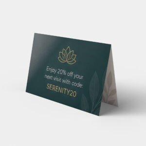 Folded business card printed on 14pt stock with UV high-gloss finish, custom printing in Calgary