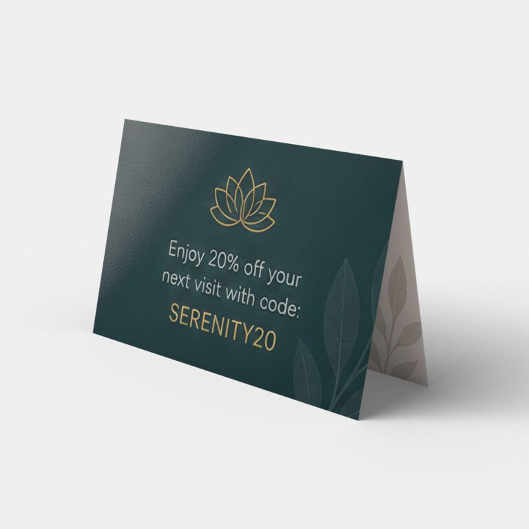 Folded business card printed on 14pt stock with UV high-gloss finish, custom printing in Calgary